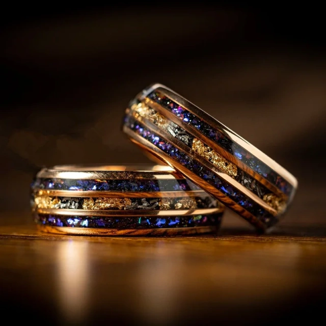 Ouyuan Jewelry Gold Plated Luxury Men Ring Inlay Gold Foil and Blue Opal Tungsten Carbide Ring for Men and Women Wedding Ring