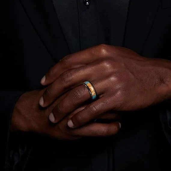 Wholesale Factory Price Custom Luxury Jewelry 8MM Black Tungsten Wood Turquoise Tungsten Ring Wedding Band Rings for Men