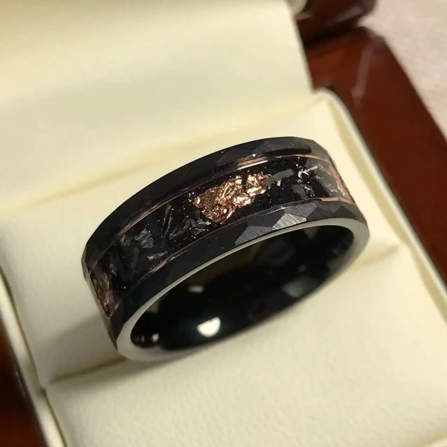 Newest Design Eternity 8mm Black Tungsten Carbide Hammered Matte Finished Meteorite Blue Opal Inlay Wedding Band for Men Rings