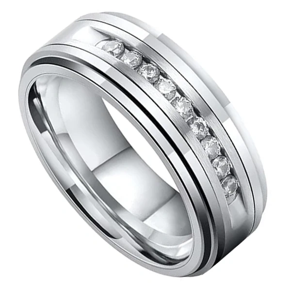 China Supplier Luxury Men Tungsten Carbide Ring Silver Plated Tungsten Ring with Cz Zircon Diamond Inlay