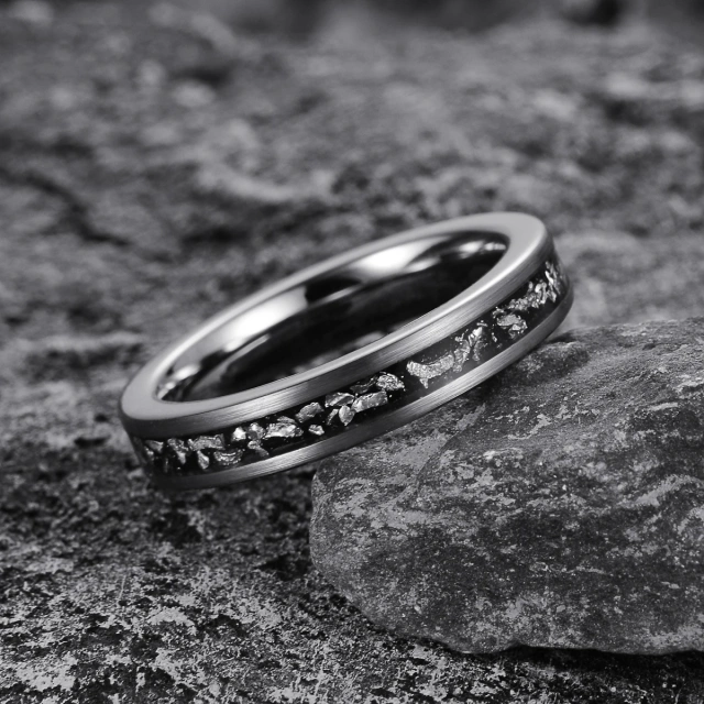 Guangzhou High Quality Fine Jewelry Rings Handmade Brushed Black Meteorite Inlay Silver Tungsten Ring for Men Women Rings