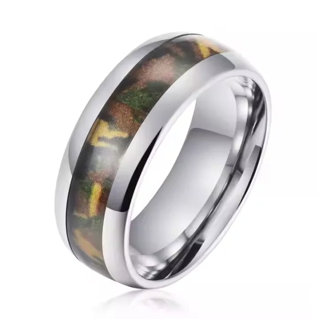 Luxury Men Tungsten Ring Silver Plated Green Camouflage Inlay Tungsten Carbide Steel Ring for Men Wedding Band Ring comfort It