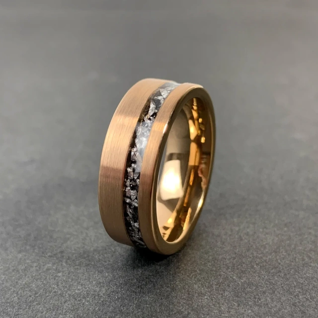 Ouyuan Fashion Rings Custom 8mm 4mm Inlay Meteorite Tungsten Carbide Rings 18K Gold Plated Rings comfort Fit