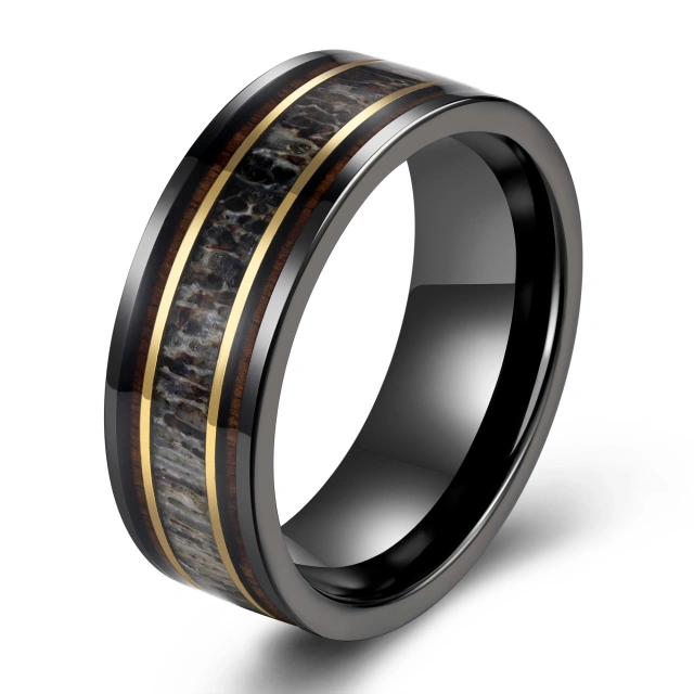 Ouyuan Jewelry 8mm Black Flat Tungsten Carbide Wedding Band Whiskey Barrel Wood Antler Inlay for Men Women Mens Engagement Gift
