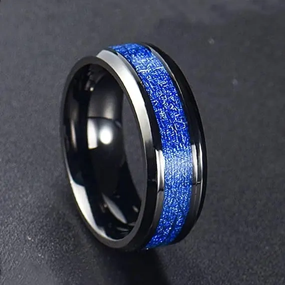 8mm Black Plated Tungsten Ring Inlay Blue Carbon Fiber for Men and Women comfort It Ring Couple Wedding Band