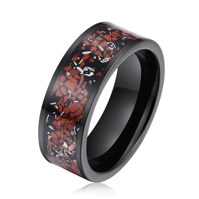 Dinosaur Bone & Meteorite Chip&gold Foil Mens Wedding Ring Brushed Black Tungsten With Rose Gold Strips Inlay Hammered Mens Ring