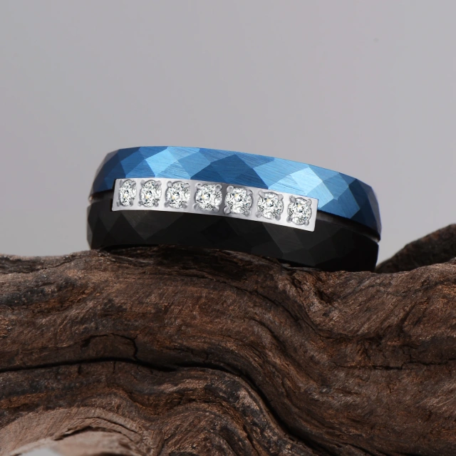 Fashion Jewelry Men Wedding Band Ring  8mm Hammered Tungsten Carbide Ring Mens Womens Engagement Half Eternity CZ Stone