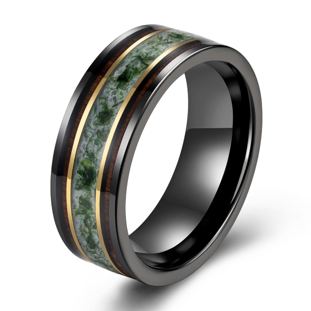 Luxury High Polished Mens Tungsten Wedding Ring Inlay Gold Foil Green Moss Tungsten Carbide Ring comfort Fit