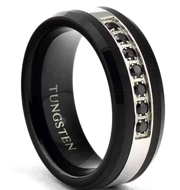 New Design 8mm Cz Stone Inlay Black Tungsten Carbide Ring for Men Women Eternity Fashion Engagement Wedding Band Comfort Fit