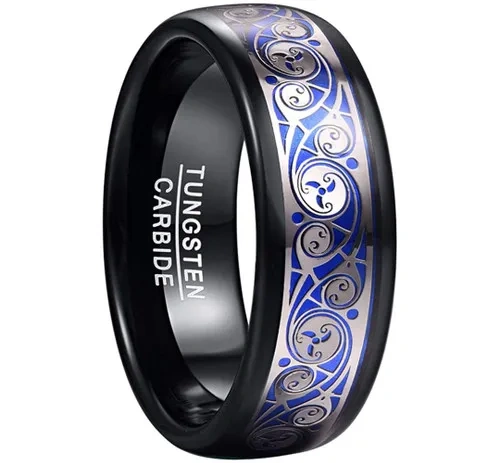 8mm Bule Inlay Tungsten Ring Black and Silver for Men
