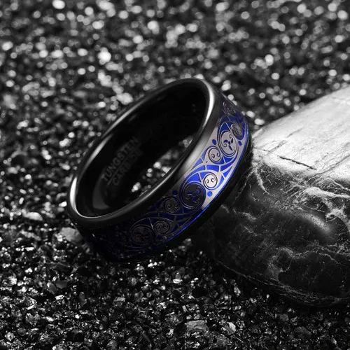 8mm Bule Inlay Tungsten Ring Black and Silver for Men