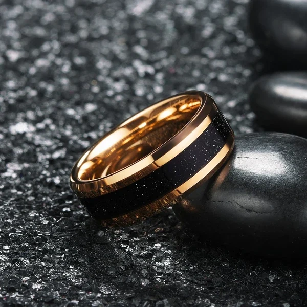 Fashion Jewelry 18K Rose Gold Plated Sandstone Sticker Inlay Tungsten Carbide Ring Couple Wed Men Rings Engagement