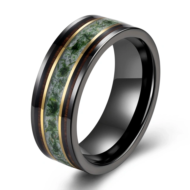 Luxury High Polished Mens Tungsten Wedding Ring Inlay Gold Foil Green Moss Tungsten Carbide Ring comfort Fit