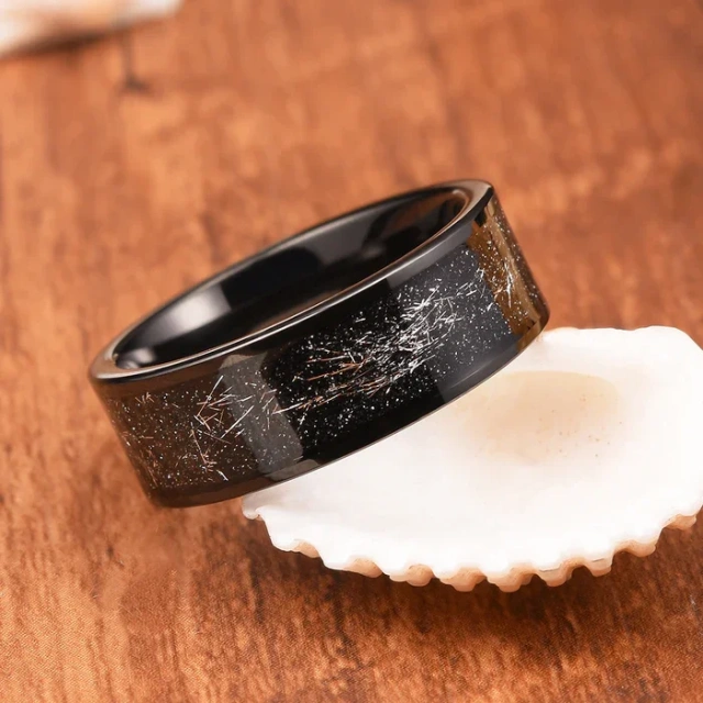 Fashion Jewelry Tungsten Ring Wholesale Price 8mm Pipe-cut Edge Black Tungsten Carbide Ring Silver Foil Inlay