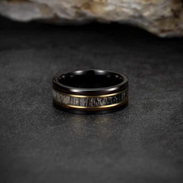 Ouyuan Jewelry 8mm Black Flat Tungsten Carbide Wedding Band Whiskey Barrel Wood Antler Inlay for Men Women Mens Engagement Gift