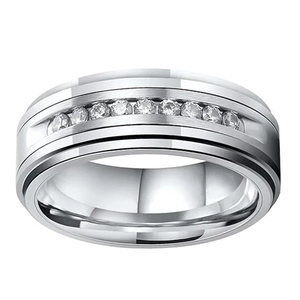China Supplier Luxury Men Tungsten Carbide Ring Silver Plated Tungsten Ring with Cz Zircon Diamond Inlay