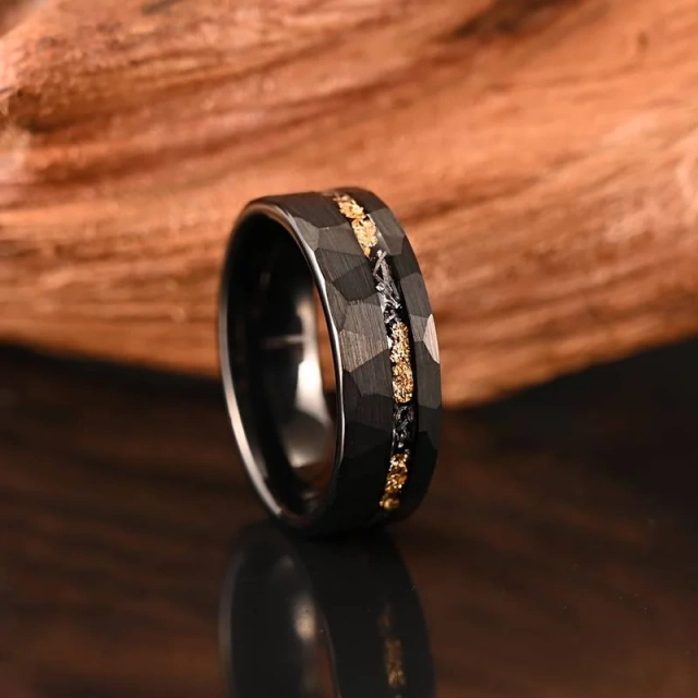 Hammer Meteorite Hammered Gold Foil Black Tungsten Promise Ring for Women Men