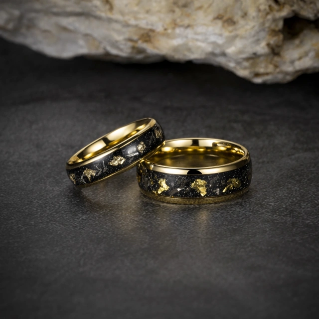 Newest Design Fashion Jewelry 8mm Meteorite Inlay 18K Gold Plated Tungsten Ring Engagement Wedding Band for Men Rings