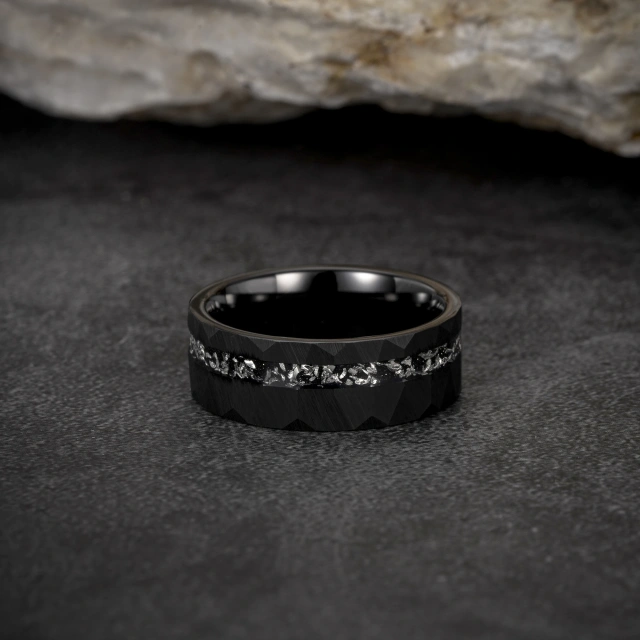 Ouyuan Fashion Rings 8mm Hammered Flat Brushed Meteorite Inlay Black Tungsten Carbide for Men Rings Wedding Rings