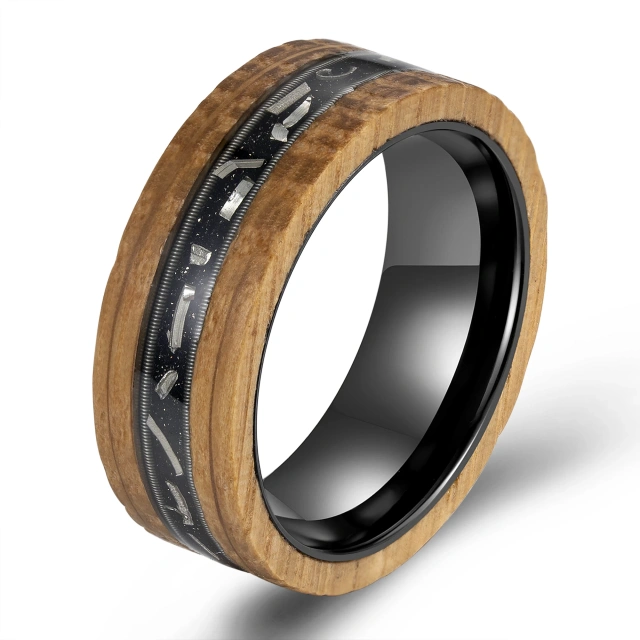 Wholesale Fashion Jewelry 8mm Tungsten Rings Meteorite Whisky Barrel Wood Silver Guitar String Inlay Wedding Rings for Men Rings