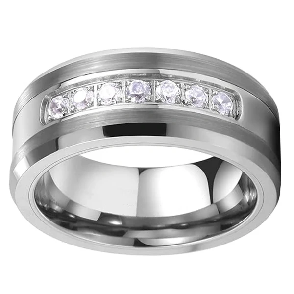 Luxury Men's Silver Plated Tungsten Carbide Ring with Comfort Fit CZ Inlay Fashionable Engagement Jewelry for Couples