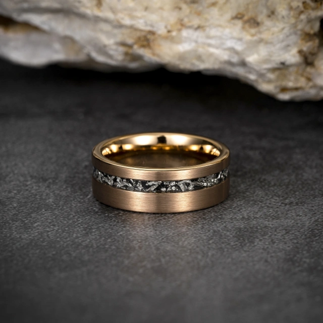 Wholesale 8mm Brushed Hammered Meteorite Shavings Inlay Black Tungsten Carbide Ring Engagement Wedding Band Gift