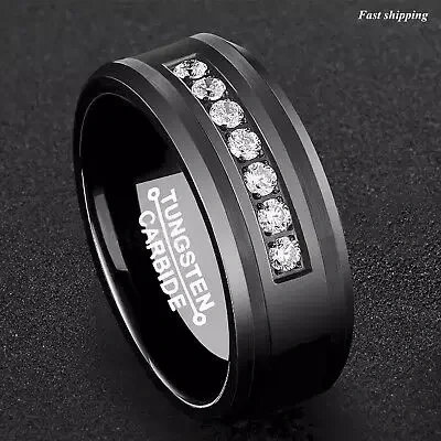 New Design 8mm Cz Stone Inlay Black Tungsten Carbide Ring for Men Women Eternity Fashion Engagement Wedding Band Comfort Fit