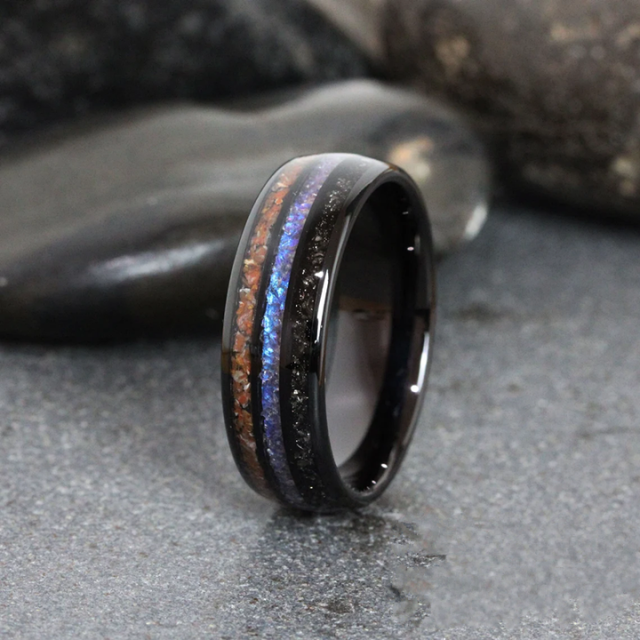 Luxury Rings Black Plated Men Fashion Jewelry Inlay galaxy Opal and Wood Tungsten Ring Opal Band Tungsten Carbide Ring for Men
