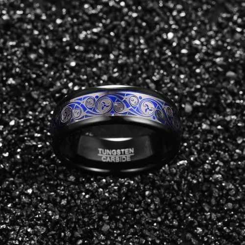 8mm Bule Inlay Tungsten Ring Black and Silver for Men