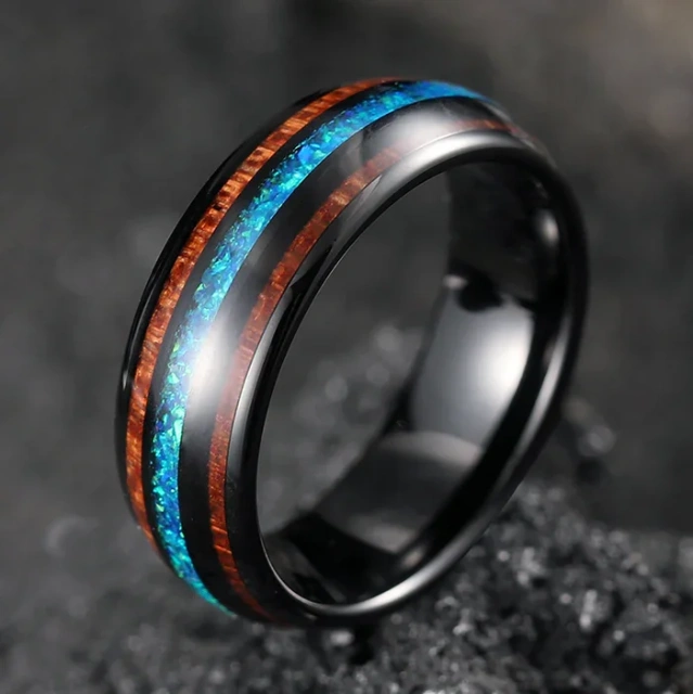 8mm Tungsten Crushed Blue Opal Wedding Band Fashion Jewelry Rings for Women Mens Wedding Band Koa Opal Tungsten Ring Jewelry Men