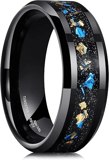 Factory Hot Sale Fashion Men Rings 8mm Blue Gold Foils Inlay Black Tungsten Ring for Man Wedding Ring Beveled Edge