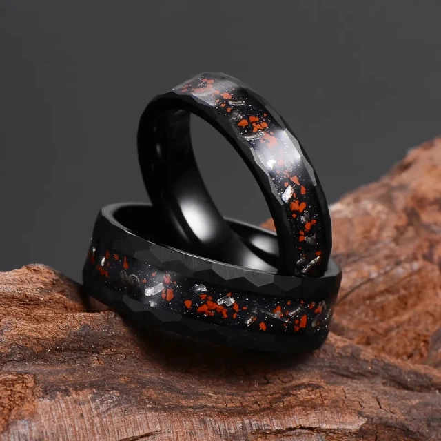 Factory Direct Sales 8mm Hammered Tungsten Ring for Men Women Dinosaur Meteorite Chip Inlay Fashion Engagement Wedding Band