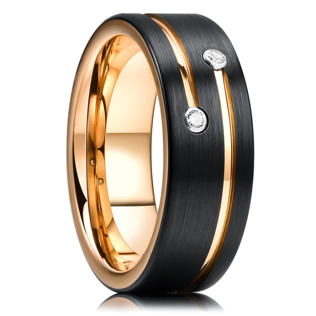 Wholesale Custom Jewelry Rings 8mm Black and Gold 18K Couple Tungsten Ring Wedding Band Cz Stone Grooved Pipe Cut