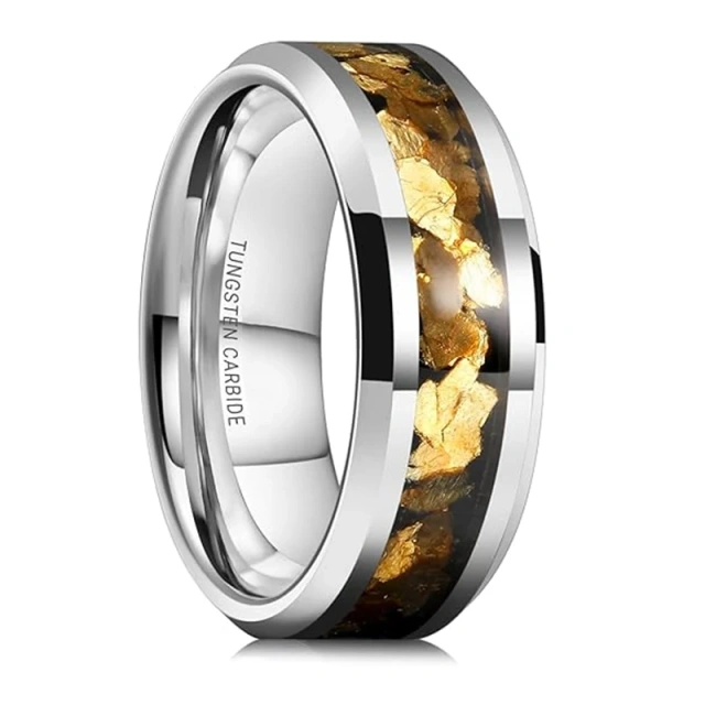 Wholesale Price 8MM Silver Tungsten Ring Inlay Big Gold Leaf Gold Tungsten Wedding Band Fashion Rings Wedding Rings for Men