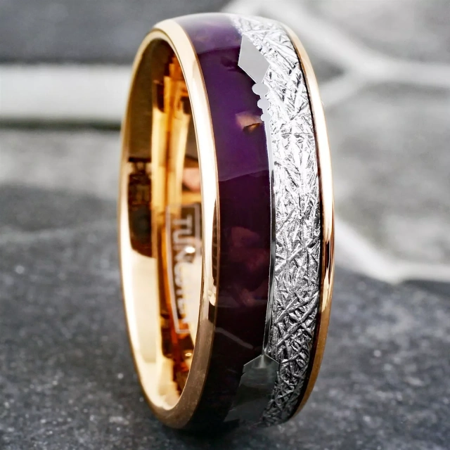 8mm Meteorite Wedding Band With Purple/black Agate Inlay Rose Gold/silver Arrow Ring Tungsten Carbide Rings