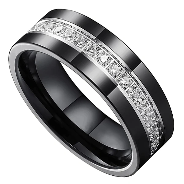 Men Fashion Jewelry Cz Diamond Inlay Black Plated Men Tungsten Carbide Wedding Band Ring comfort It