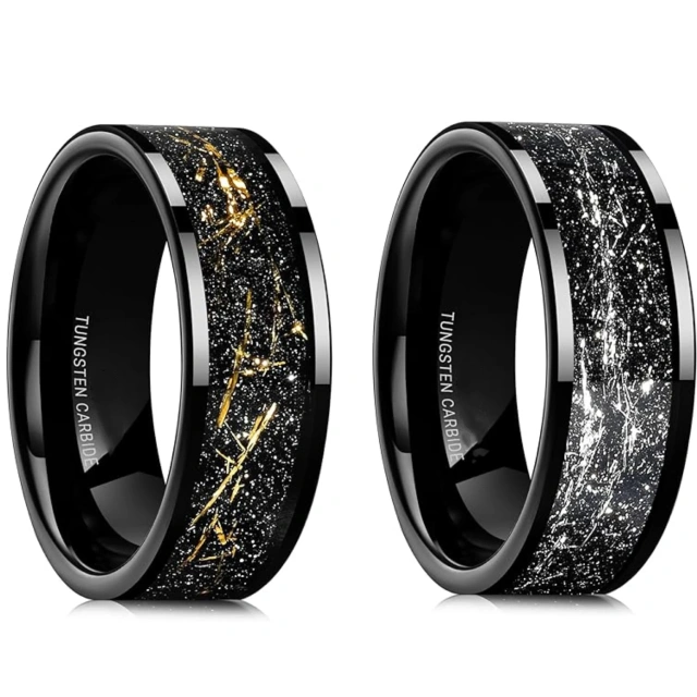 Hot Sale Fashion Men Rings 8mm Sliver Gold Foils Inlay Black Plated Tungsten Ring for Man Wedding Ring
