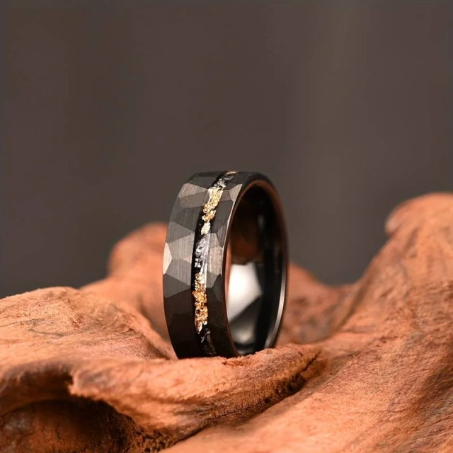 Hammer Meteorite Hammered Gold Foil Black Tungsten Promise Ring for Women Men