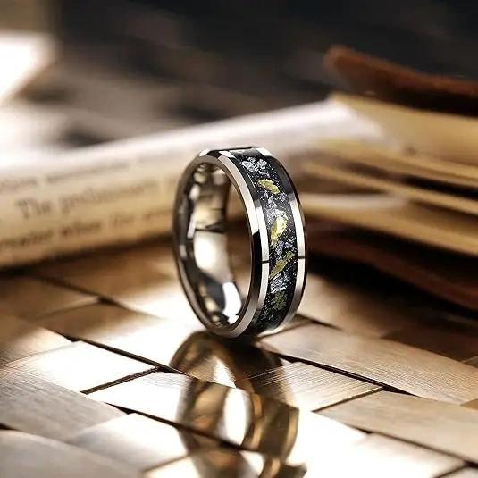 Ouyuan Jewelry 8mm Beveled Mens Womens Fashion Engagement Wedding Band Meteorite Gold Foil Inlay Silver Tungsten Carbide Rings