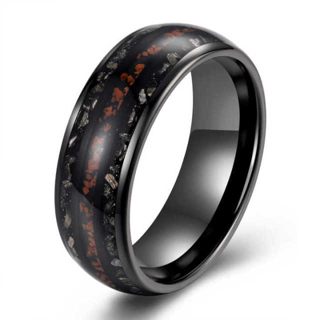 Ouyuan Factory Fine Jewelry 8mm Dinosaur Stone Meteorite Inlay Black Plated Tungsten Ring for Men Engagement Wedding Band