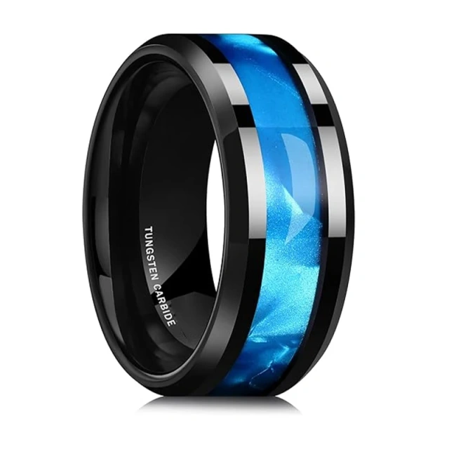 Custom 8MM Black Inlay Green/Black Olive Shell Tungsten Ring Wedding Band for Men Tungsten Ring Fashion Jewelry for Men Women