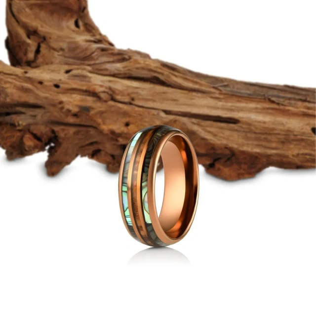 Luxury Hawaii Style 8MM 18K Rose Gold Tungsten Band Rosewood Abalone Tungsten Ring Rings for Men Wedding Rings Fashion Jewelry