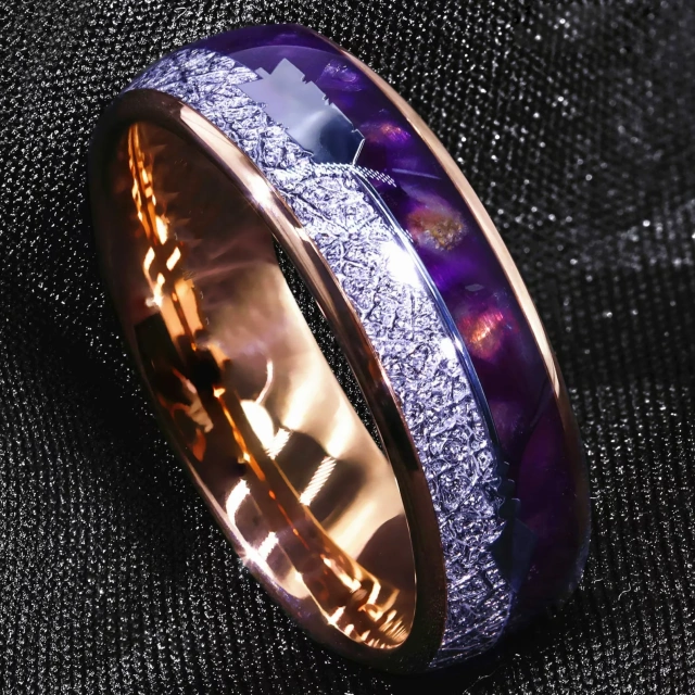 8mm Meteorite Wedding Band With Purple/black Agate Inlay Rose Gold/silver Arrow Ring Tungsten Carbide Rings