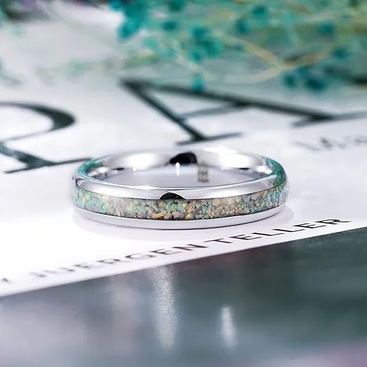 Custom 4mm Silver Shiny Crushed Opal Stone Inlay Tungsten Rings for Women Tungsten Womens Rings Jewelry for Women