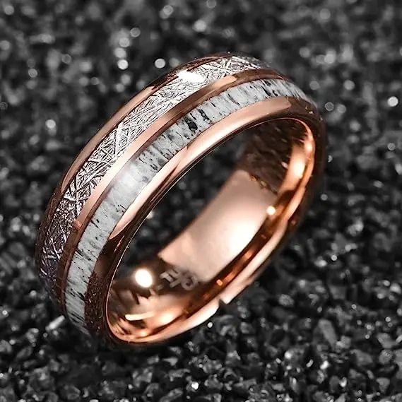 Wholesale Opal Antler Whiskey Barrel Wood Turquoise Inlay Black Rose Gold Plated Tungsten Rings for Men