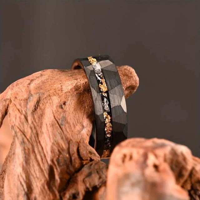 Hammer Meteorite Hammered Gold Foil Black Tungsten Promise Ring for Women Men
