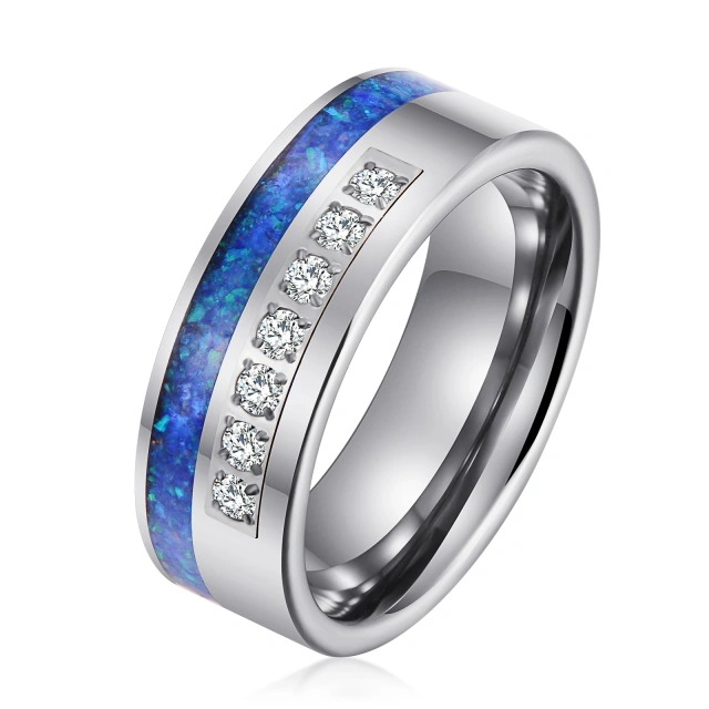 Luxury Men Ring 8mm White CZ Stone Inlay Tungsten Ring for Men Women Stainless Steel Engagement Wedding Band Opal Tungsten Ring