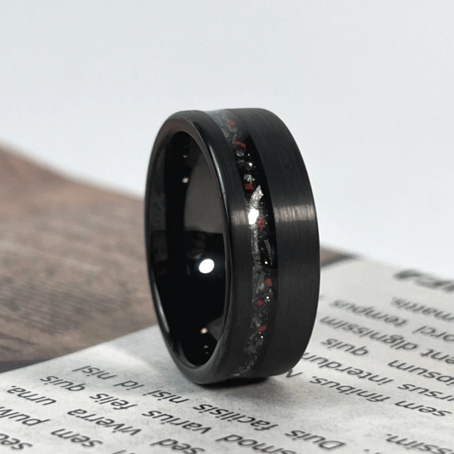 8mm 4mm Black Color Plated Luxury Tungsten Carbide Ring Classic 2.0 groove Meteorite Inlay Tungsten Carbide Ring