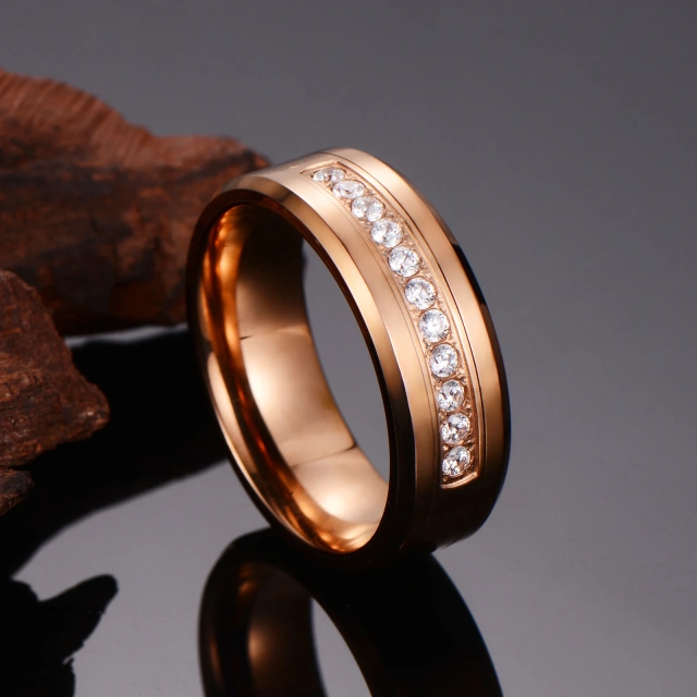 Fashion Rings Jewelry Wholesale 8mm Rose Gold Plated Stone Inlay Tungsten Ring for Men Women Engagement Wedding Band