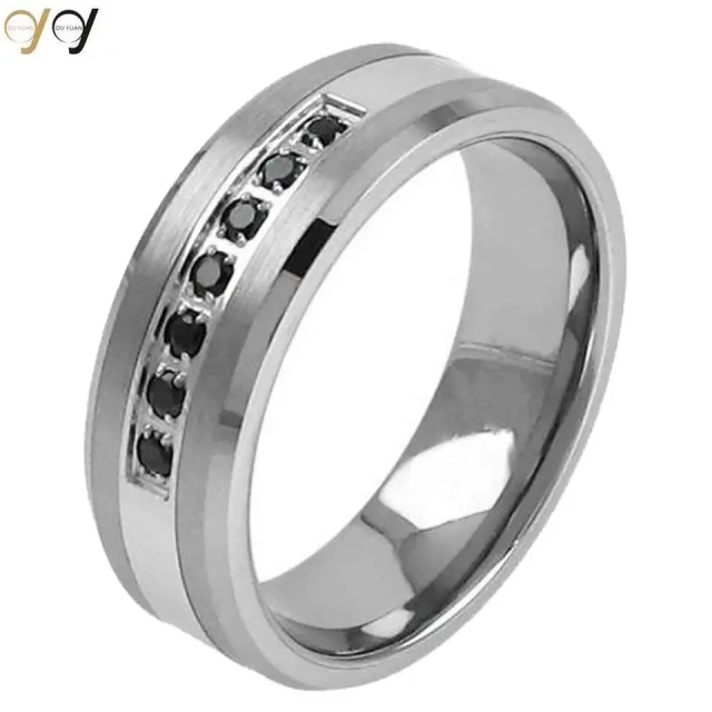 Luxury Guangzhou Jewelry Fashion Black Men Rings Inlay Stone Tungsten Carbide Rings Comfort Fit